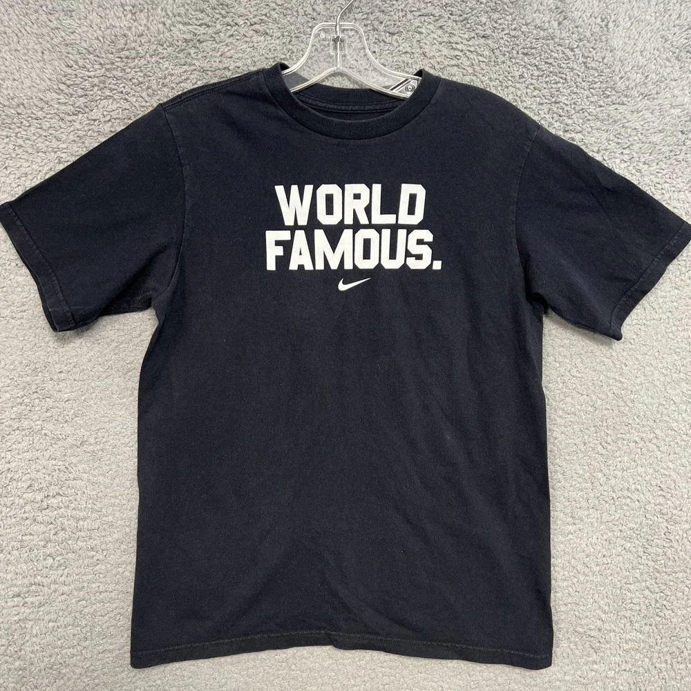 VTG Nike T Shirt Youth Size L Black Center Swoosh World Famous 2-Side Tee *Rare*